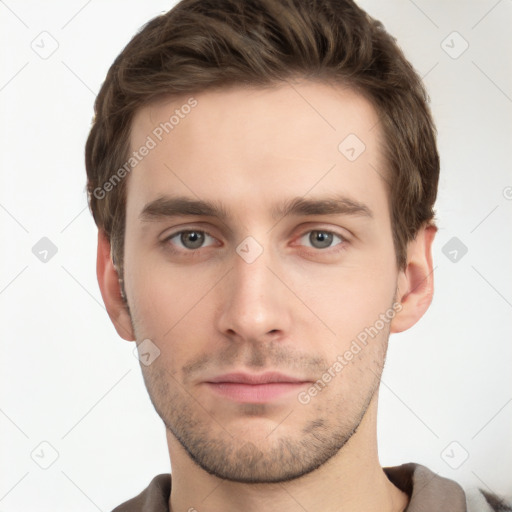 Neutral white young-adult male with short  brown hair and grey eyes