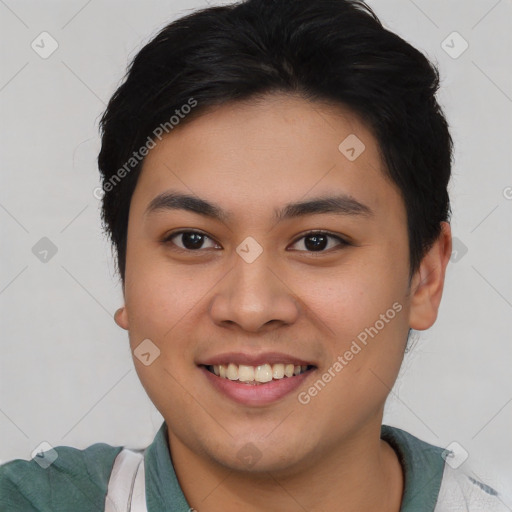 Joyful asian young-adult female with short  brown hair and brown eyes