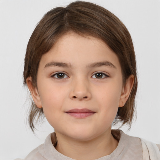 Joyful white child female with medium  brown hair and brown eyes