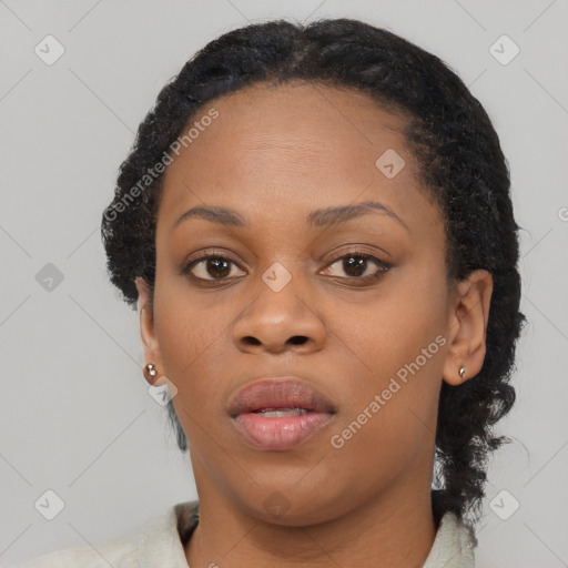 Neutral black young-adult female with short  black hair and brown eyes