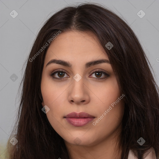 Neutral white young-adult female with long  brown hair and brown eyes