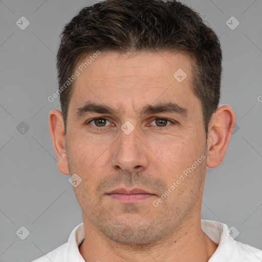 Neutral white adult male with short  brown hair and brown eyes