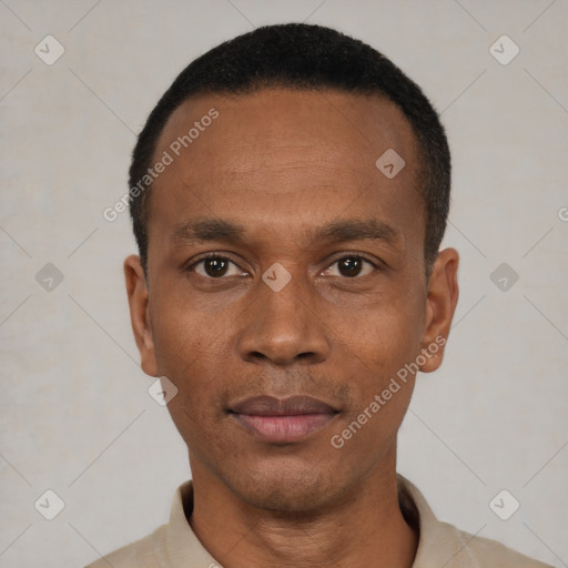 Neutral black young-adult male with short  black hair and brown eyes