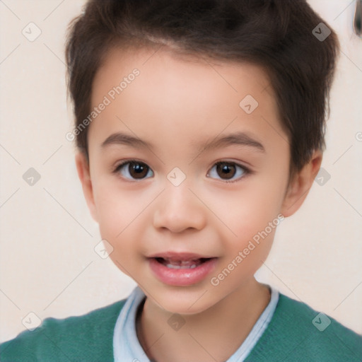 Joyful white child female with short  brown hair and brown eyes