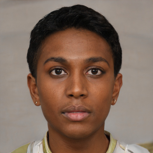 Neutral latino young-adult female with short  black hair and brown eyes