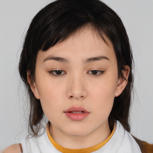 Neutral asian young-adult female with medium  brown hair and brown eyes