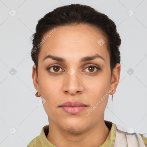 Neutral white young-adult female with short  brown hair and brown eyes