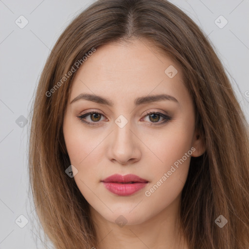 Neutral white young-adult female with long  brown hair and brown eyes