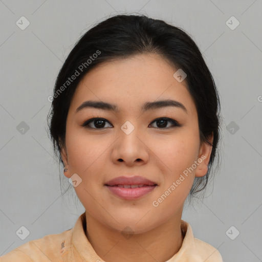 Joyful asian young-adult female with medium  black hair and brown eyes