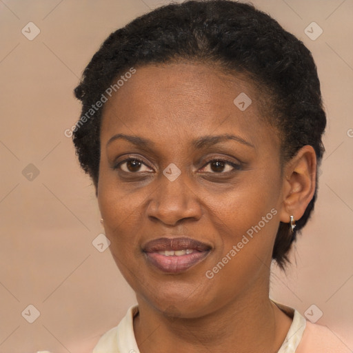 Joyful latino adult female with short  brown hair and brown eyes