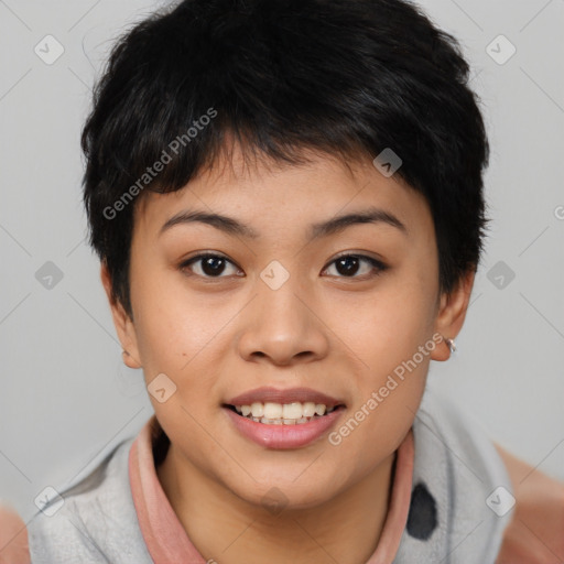 Joyful asian young-adult female with short  brown hair and brown eyes