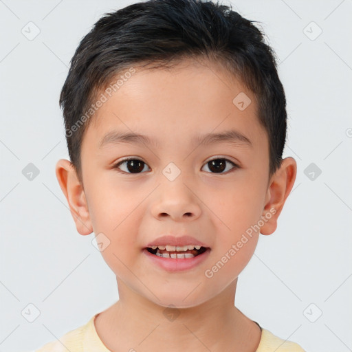 Joyful white child male with short  brown hair and brown eyes