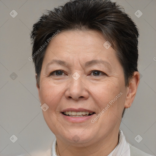 Joyful white middle-aged female with short  brown hair and brown eyes