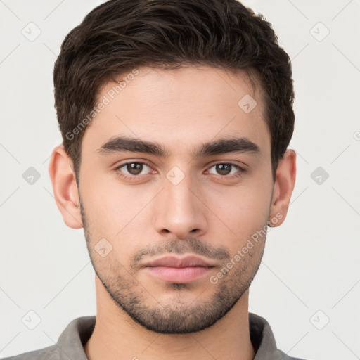 Neutral white young-adult male with short  brown hair and brown eyes