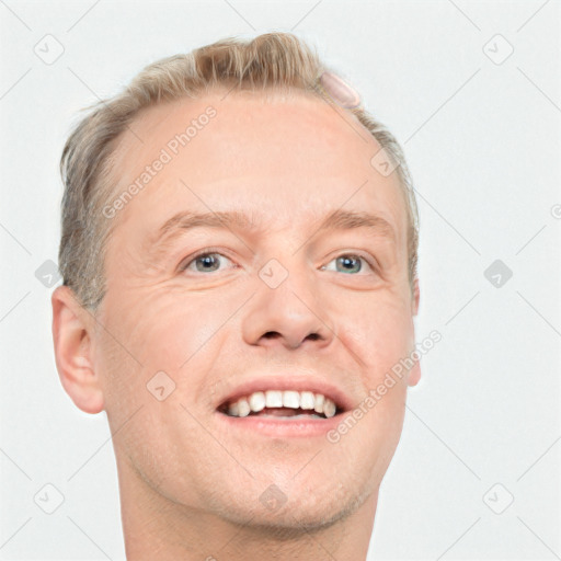 Joyful white adult male with short  brown hair and grey eyes