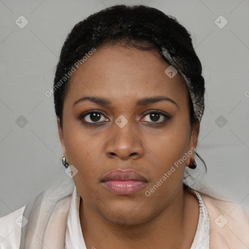 Neutral black young-adult female with short  black hair and brown eyes