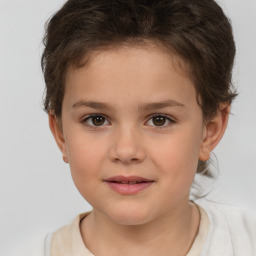 Joyful white child female with short  brown hair and brown eyes