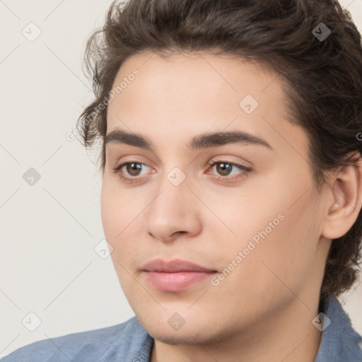 Joyful white young-adult male with medium  brown hair and brown eyes