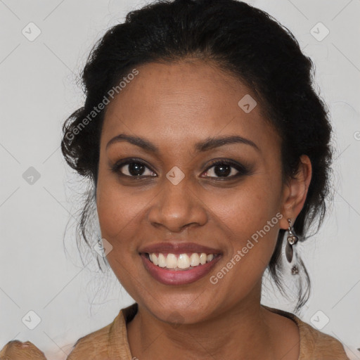 Joyful black young-adult female with medium  brown hair and brown eyes