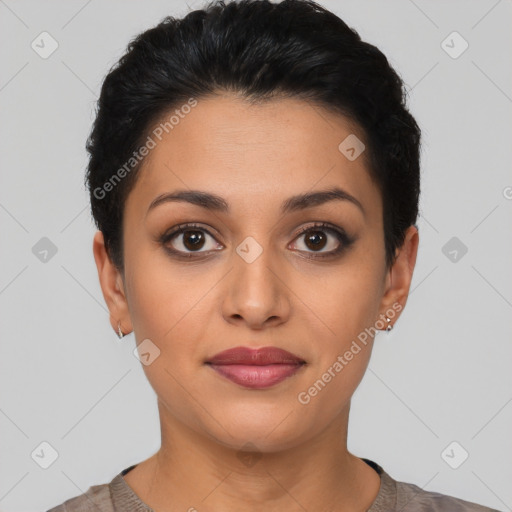 Joyful latino young-adult female with short  black hair and brown eyes