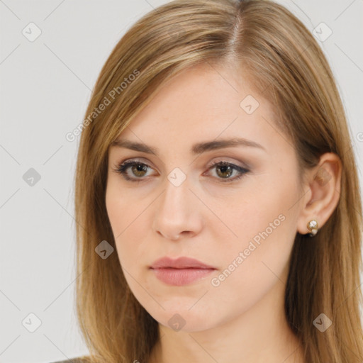 Neutral white young-adult female with long  brown hair and brown eyes