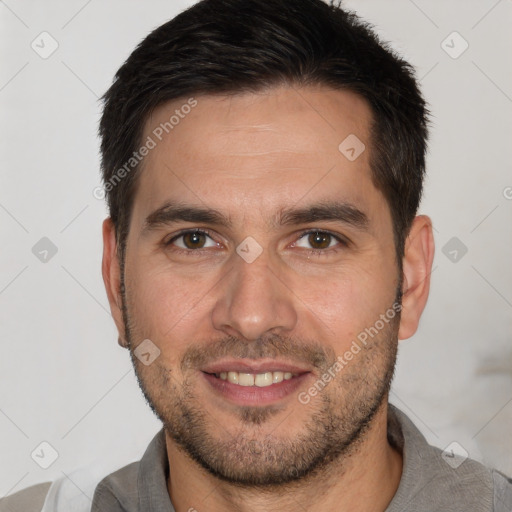 Joyful white young-adult male with short  brown hair and brown eyes