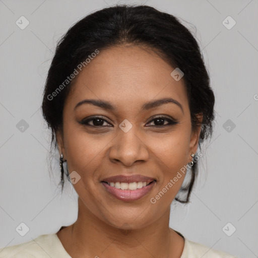 Joyful latino young-adult female with medium  brown hair and brown eyes