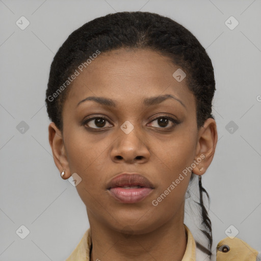 Neutral black young-adult female with short  brown hair and brown eyes