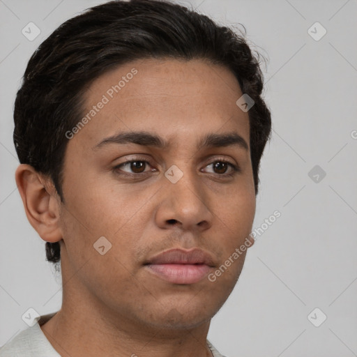 Neutral white young-adult male with short  brown hair and brown eyes