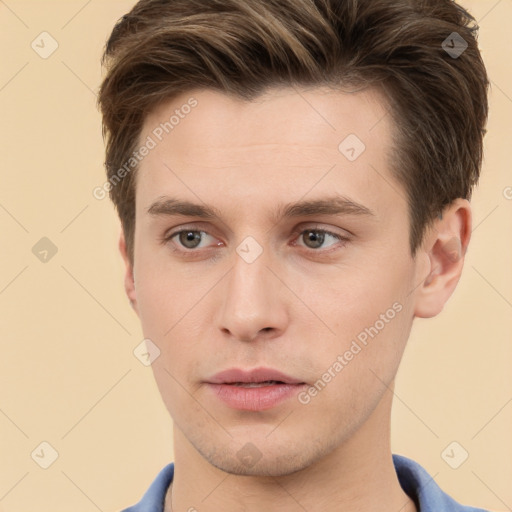 Neutral white young-adult male with short  brown hair and brown eyes