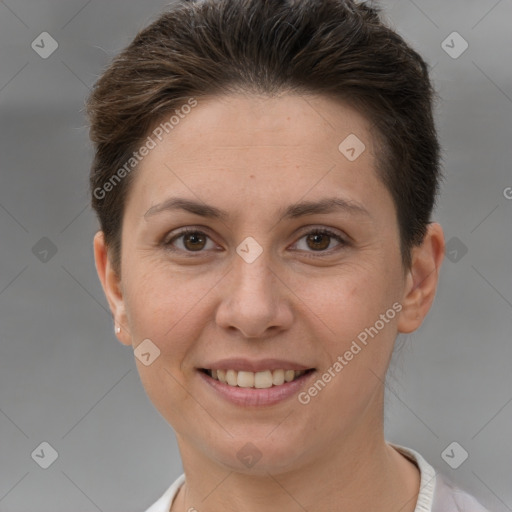 Joyful white young-adult female with short  brown hair and brown eyes