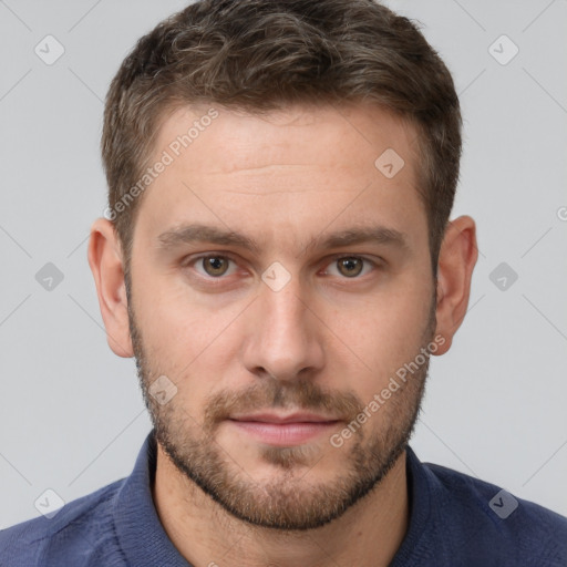 Neutral white young-adult male with short  brown hair and grey eyes