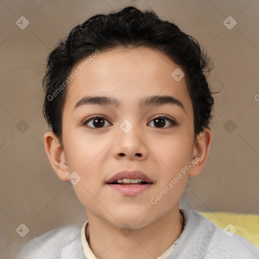 Joyful white child female with short  brown hair and brown eyes