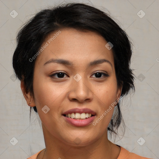 Joyful asian young-adult female with medium  brown hair and brown eyes