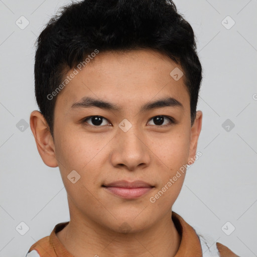 Neutral asian young-adult male with short  brown hair and brown eyes