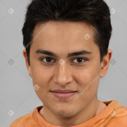 Joyful latino young-adult male with short  brown hair and brown eyes