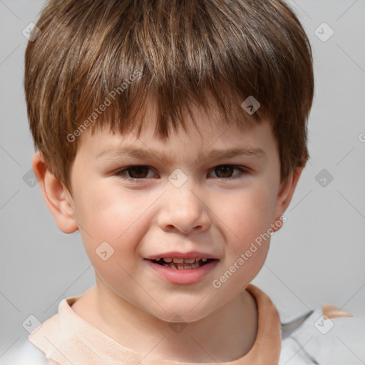 Joyful white child male with short  brown hair and brown eyes