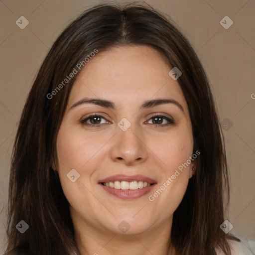 Joyful white young-adult female with long  brown hair and brown eyes