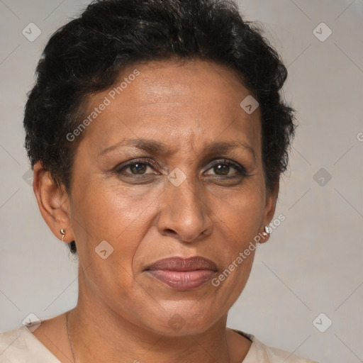 Joyful black adult female with short  brown hair and brown eyes