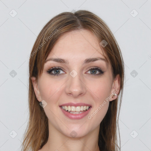 Joyful white young-adult female with long  brown hair and grey eyes