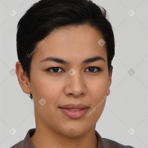 Joyful asian young-adult female with short  brown hair and brown eyes