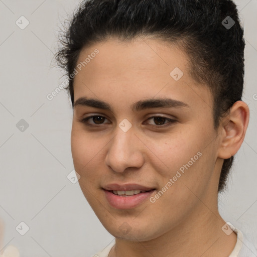 Joyful white young-adult female with short  brown hair and brown eyes