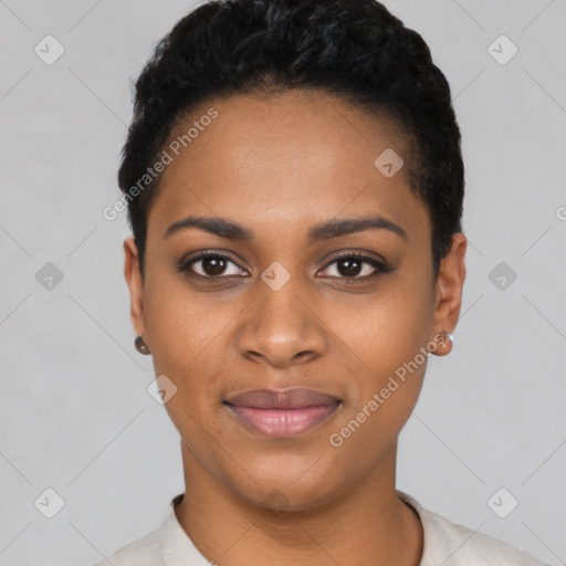 Joyful black young-adult female with short  black hair and brown eyes