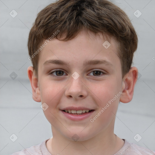 Joyful white child male with short  brown hair and brown eyes