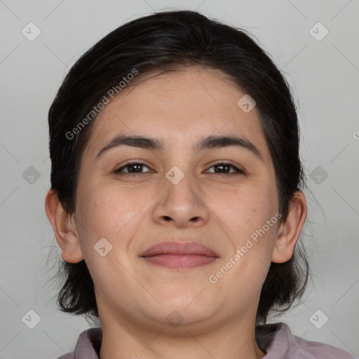 Joyful white young-adult female with medium  brown hair and brown eyes