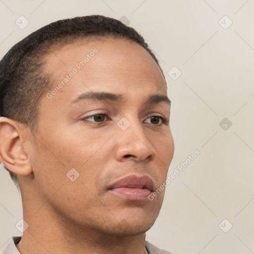 Neutral white young-adult male with short  brown hair and brown eyes