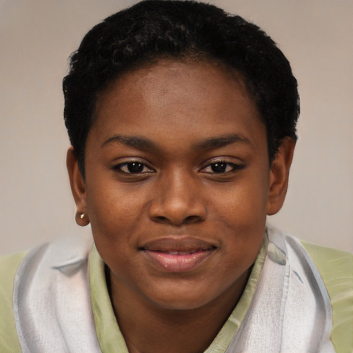 Joyful black young-adult female with short  brown hair and brown eyes