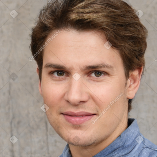 Joyful white adult male with short  brown hair and grey eyes