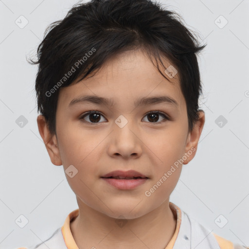 Joyful white child female with medium  brown hair and brown eyes