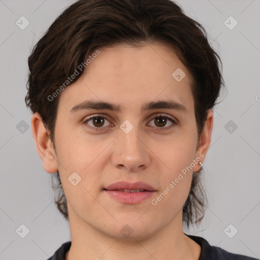 Joyful white young-adult female with medium  brown hair and brown eyes